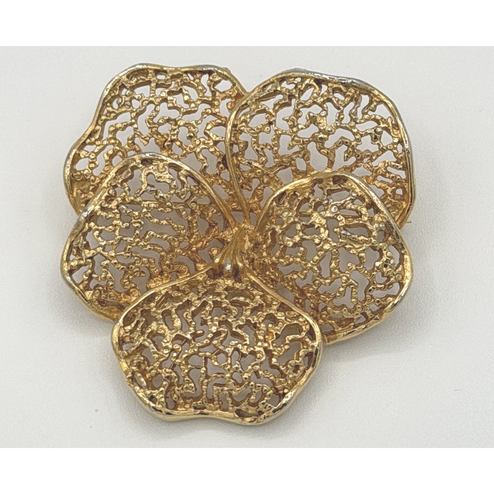 Lisner Signed Vintage Gold Tone Filigree Pansy Flower Brooch Pin 2.25 in 1960s